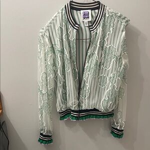 Anna Sui Sheer White Bomber Jacket with Green Lace and Black-Trim Ribbing
